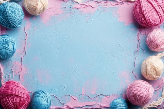 Pink, blue and beige balls of yarn forming a frame on a textured light blue and pink surface, creating a cozy and inviting background with empty space for text