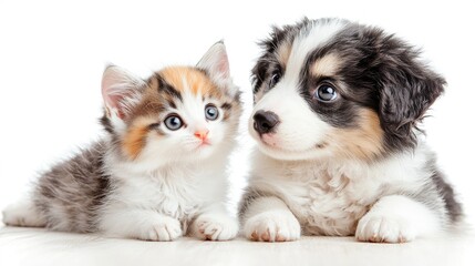Obraz premium Adorable kitten and puppy looking at each other, isolated on white background.