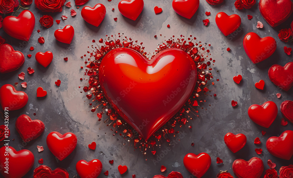 Poster a heart made of many red hearts is surrounded by a lot of red hearts. the heart is the main focus of