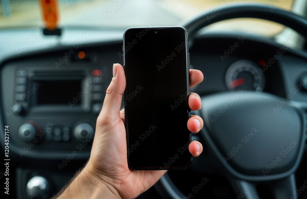 Aufkleber Man in car holds smartphone. Empty screen. Steering wheel in background. Inside bus. Using phone for navigation. Focus on hand, phone. Traveling by public transport. Modern tech. Driver using mobile