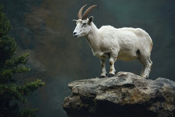 Jackson's Mountain Goat Resting on Rocky Ledge Surrounded by Lush Conifers and Majestic Mountains