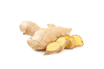 Fresh ginger isolated on white background. Sliced ​​ginger. Ginger root. Traditional alternative medicine, healing tea for immunity. Close-up.