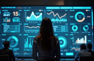 Team analyzes futuristic data displays. Tech experts review marketing insight. Mapping customer journeys. Planning brand strategies. Modern tech dashboard with graphs. Team collaborates in office