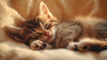 Fototapeta premium Kitten curled up sleeping, close-up of soft fur and tiny paws, peaceful nap in warm lighting