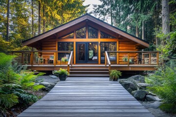 Stunning Modern Log Cabin with Front Deck Surrounded by Lush Bushes in a Summer Landscape