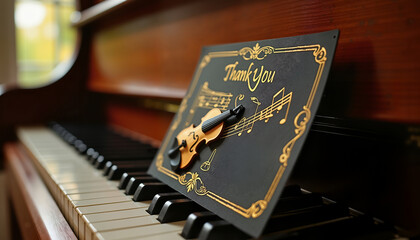 Elegant Thank You card on piano keys with gold accents, perfect for musical appreciation