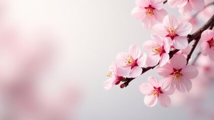 Obraz premium Delicate Pink Blossoms on a Branch, Softly Lit Against a Blurred Background, Evoking Feelings of Serenity and Springtime Renewal