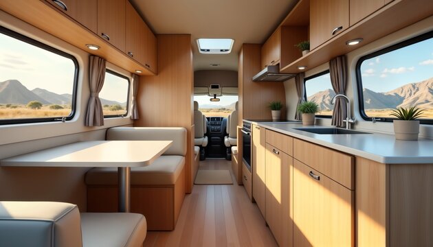 Modern camper van interior shows spacious living area with comfortable seating, table perfect for meals relaxation. Light wood cabinetry, neutral tones create warm, inviting ambiance. Large windows