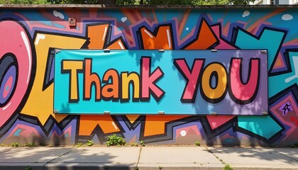 Colorful graffiti thank you card design on urban wall, vibrant street art mural