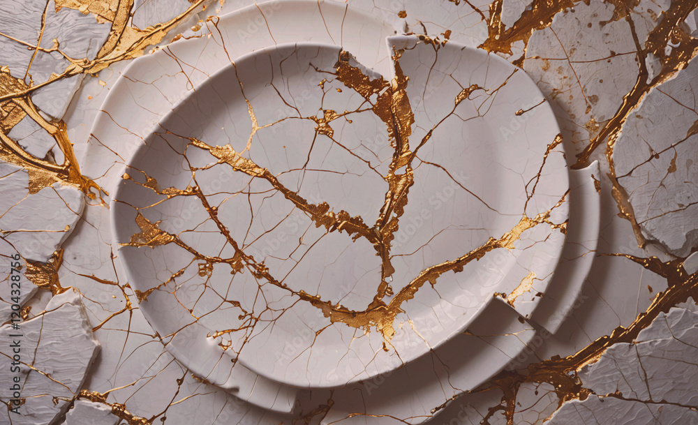 Poster a white plate with gold trim is shattered into pieces. the plate is broken in a way that it looks li