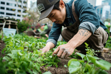 Urban Farmer Cultivating Public Garden Crops on City Plot