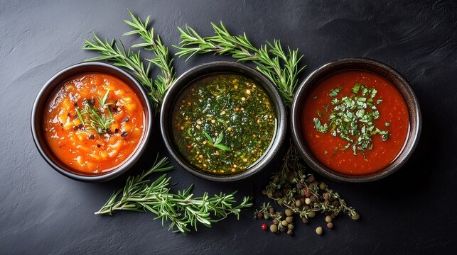 Several bowls, brimming with vibrant saucy flavors, are elegantly garnished with rosemary sprigs, inviting a journey of culinary discovery and indulgence.