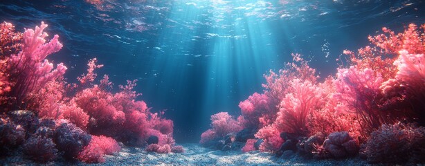 Fototapeta premium A serene and otherworldly digital painting of an alien ocean planet, featuring bioluminescent waves and bizarre marine life in deep blues and purples