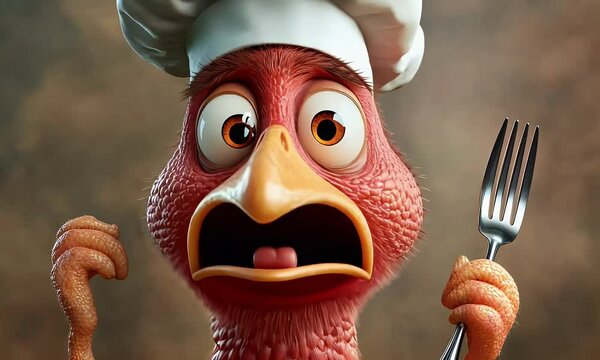 Anxious turkey chef, fork, studio backdrop, Thanksgiving
