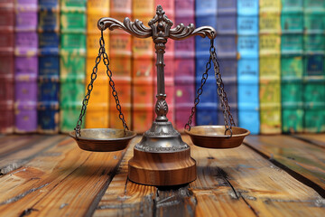 Scale in front of rainbow flag colored books on wooden desk representing LGBT rights