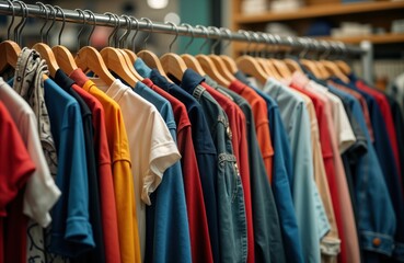 Colorful clothes hang on racks in second-hand shop. Variety of shirts, jackets visible. Many different colors. Diverse selection for sale. Shop full of garments. Excellent selection of used apparel.