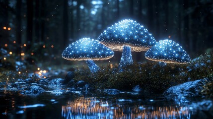 A surreal underwater realm where bioluminescent creatures and alien plants thrive, bathed in an ethereal blue light that casts a mysterious glow on the ecosystem