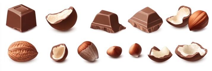 Isolated Fragments of Hazelnut Chocolate: Whole and Half Pieces with Shells and Nuts