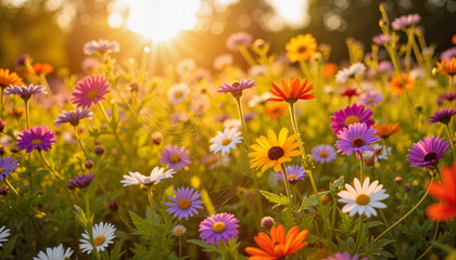 Vibrant wildflower garden at sunset, natural beauty and tranquility
