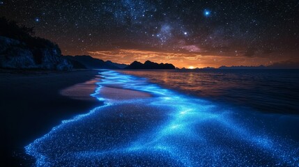 A captivating scene of bioluminescent plankton lighting up the sea at night