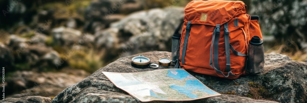 Fototapete Backpack with map and compass resting on rocks in a nature setting during daylight. Generative AI
