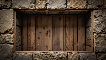 Historical bastille prison trapdoor in stone wall, architectural detail