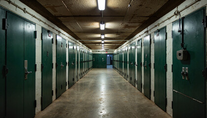 Empty prison cell block corridor with green doors, silent abandonment