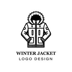  Black and white winter jacket with fur hood vector logo design, featuring stylized modern coat illustration for branding, apparel, and graphic art projects.
