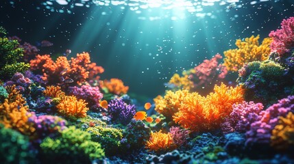 Obraz premium A breathtaking underwater world comes to life with a variety of marine creatures and colorful coral reefs, glowing under an enchanting blue light. Bioluminescent organisms and swirling water currents