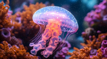 Glowing bioluminescent sea creatures illuminate a deep ocean scene, a time of marine glow, filled with mystery and awe