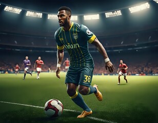 Soccer Player in Green Jersey: Dynamic Night Stadium Action