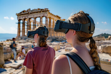 Students Wearing Virtual Reality Headsets Exploring Ancient Greek Art During Digital Museum Tour Educational Experience