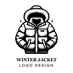  Black and white winter jacket with fur hood vector logo design, featuring stylized modern coat illustration for branding, apparel, and graphic art projects.
