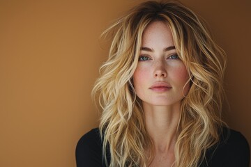 Naklejka premium A beautiful blonde woman, 35 years old, is depicted in a minimalist portrait looking away against a light peach background, showcasing her as a businesswoman