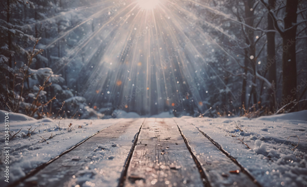 Poster A snowy forest with a wooden bridge in the foreground. The sun is shining through the trees, creating a warm and inviting atmosphere