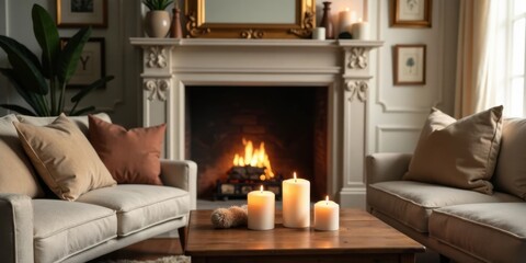 Fototapeta premium Cozy living room ambiance with burning fireplace and candles on a wooden coffee table