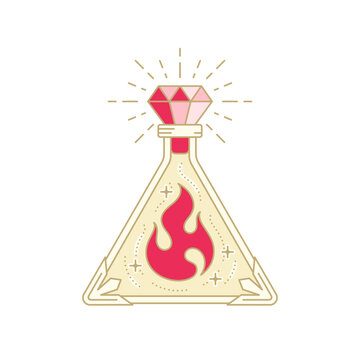 Magic flame enclosed in a triangle-shaped flask with a sparkling ruby on top. Fire magic. Alchemical element. Witch potion.