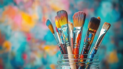 Fototapeta premium Paintbrushes in jar, close-up of colorful paintbrush tips in a glass jar, artistic studio setting