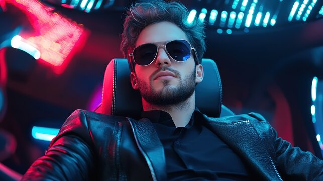a man sitting on futuristic chair, futuristic theme businessman with glowing neon light background, online business and technology adaptation advantage concept 