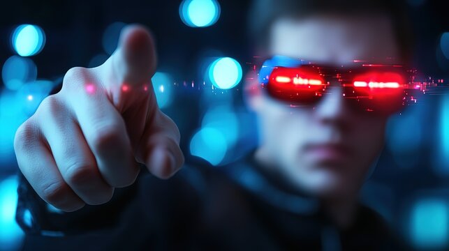 futuristic theme businessman with glowing neon light background, online business and technology adaptation advantage concept 