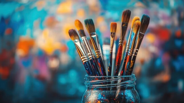 Paintbrushes in jar, close-up of colorful paintbrush tips in a glass jar, artistic studio setting