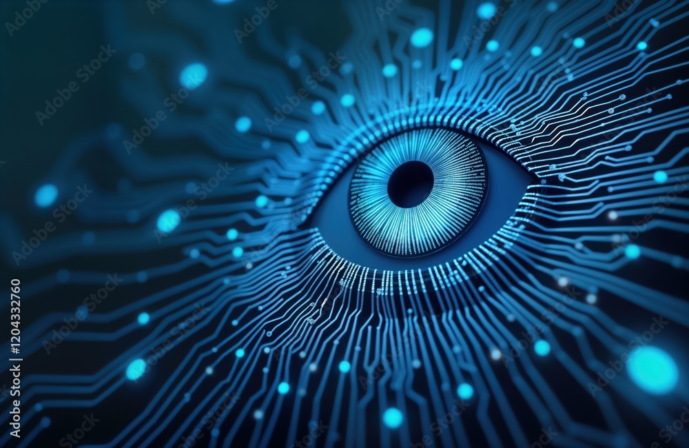 Poster futuristic eye with digital circuits, glowing blue light cyber security, future tech concepts. cyber
