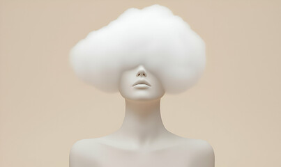 Cloud-like figure with human features, set against a minimalist tan background, evokes a sense of ethereal presence and calm introspection.