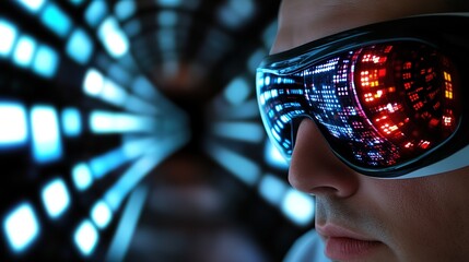 futuristic theme businessman wearing neon glasses with glowing light background, online business and technology adaptation advantage concept