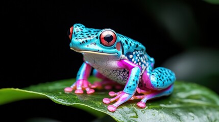 Obraz premium Vibrant blue and pink poison dart frog perched on a leaf.
