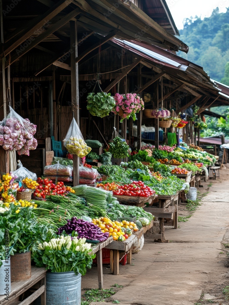 Aufkleber vibrant local market filled with fresh vegetables and colorful produce in a village setting amid lus