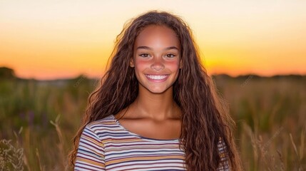 Fototapeta premium Happy teenage girl with long wavy hair smiling in a grassy field during a warm golden hour sunset.