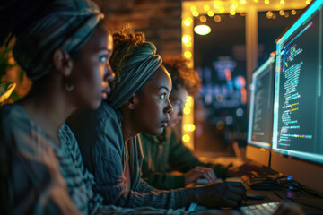 Fototapeta premium Diverse Female Software Developers Working on Computer Code at Modern Tech Office Desk with Multiple Monitors