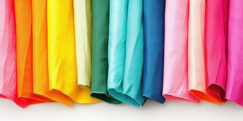 colorful fabric rolls, vibrant textile display, rainbow spectrum, folded cloth, soft materials, saturated hues, textured fabrics, art supply arrangement, fashion design materials, gradient color palet