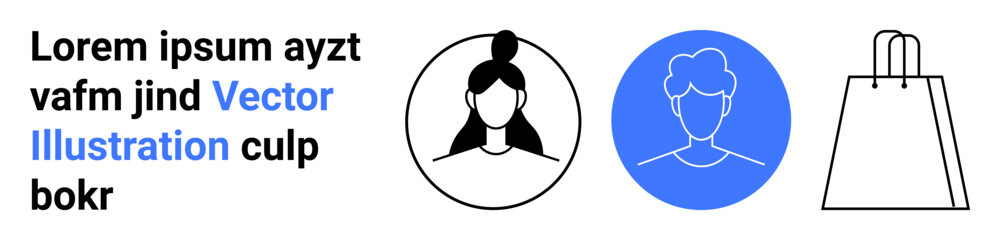Black and white female profile icon, blue and white male profile icon, wireframe shopping bag icon, placeholder text. Ideal for user profiles, e-commerce, online shopping, digital identity, customer